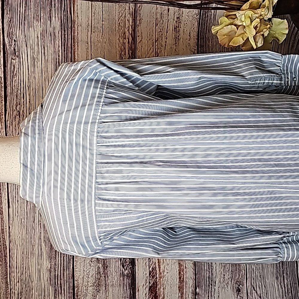 AVENUE THE BEDFORD PLUS SIZE BLUE WHITE STRIPED BUTTON-UP BLOUSE - Picture 6 of 13